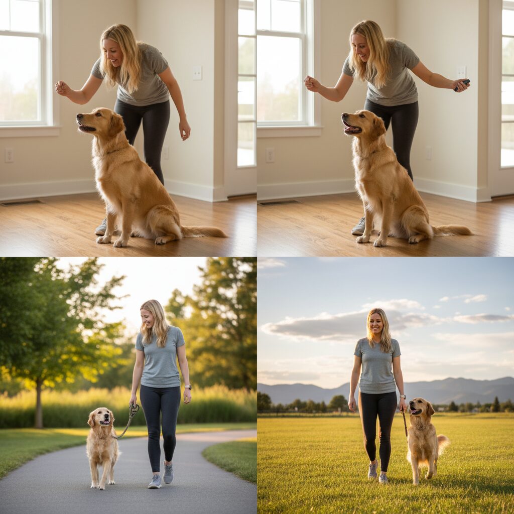 A sequence of four small images or a collage showing the progression of heel tra