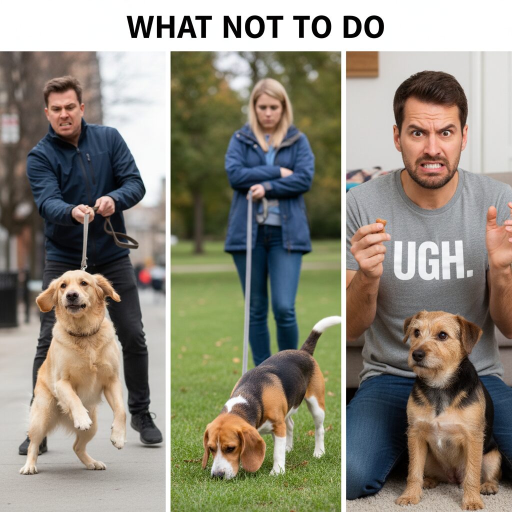 An image showing common dog training mistakes: a person pulling on a leash, a do