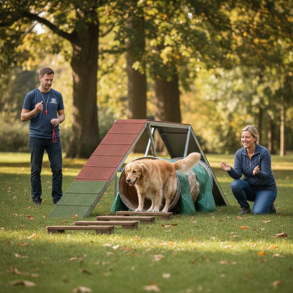 A determined dog successfully navigating a simple obstacle course to find a pers