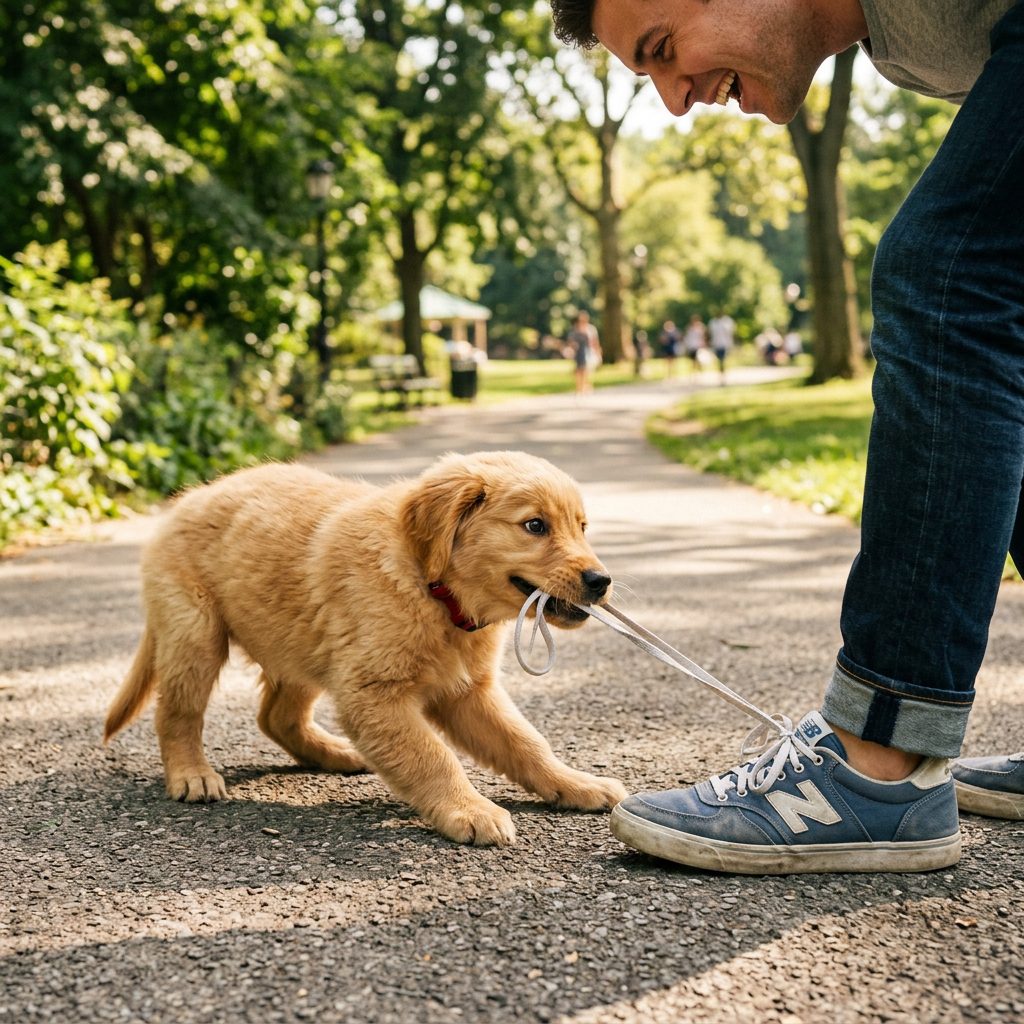 Untied And Annoyed? How To Stop A Puppy From Biting Your Shoelaces While Walking
