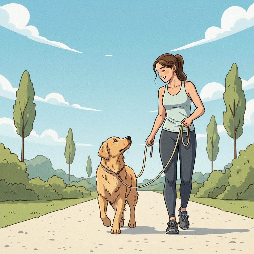An illustration or photo depicting the ideal heel position: a dog walking precis