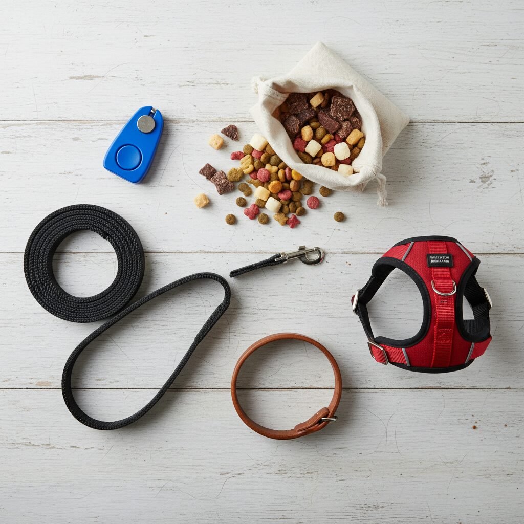 A flat lay photo showcasing essential dog training tools: a clicker, a variety o