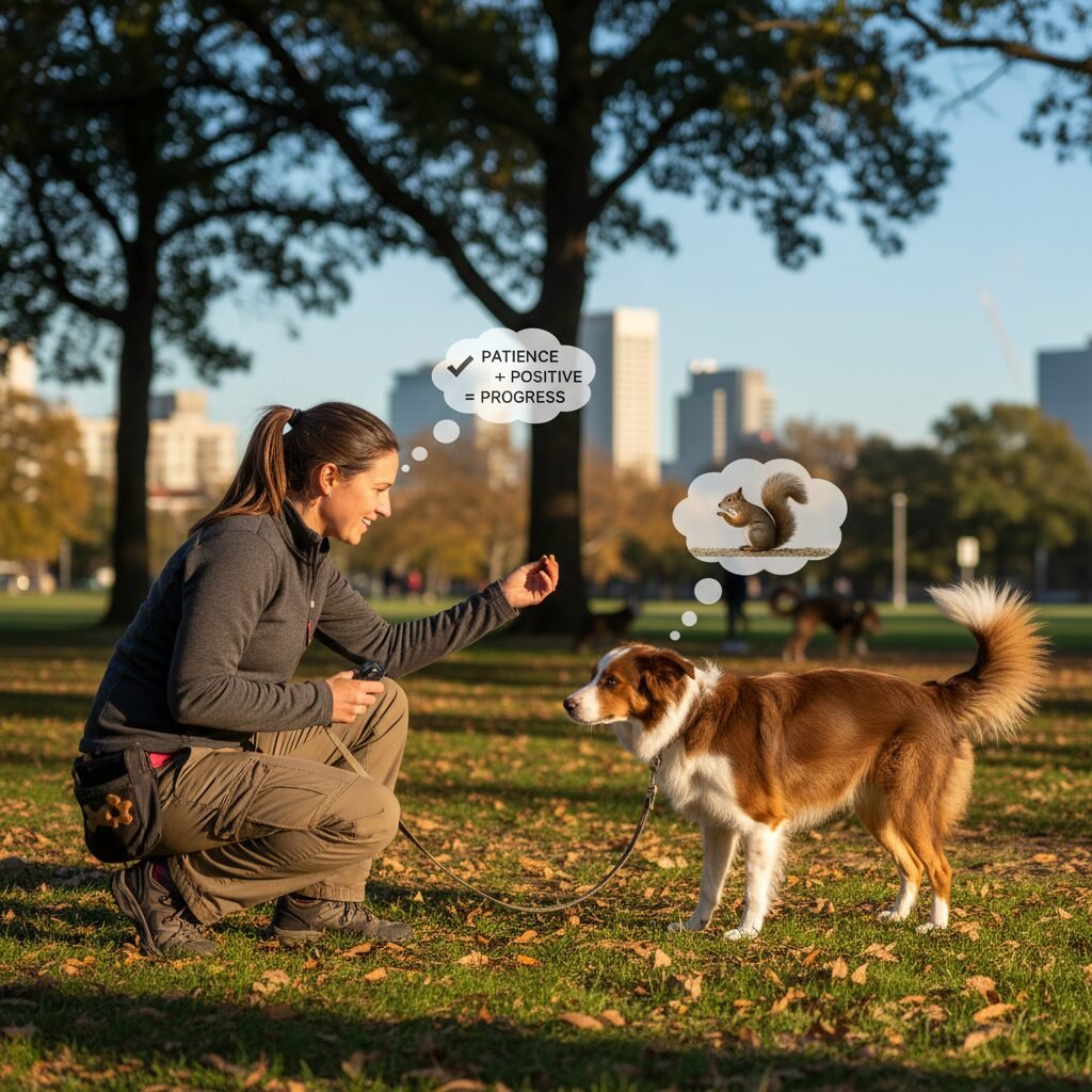 A determined dog trainer working patiently with a slightly challenging dog (e.g.