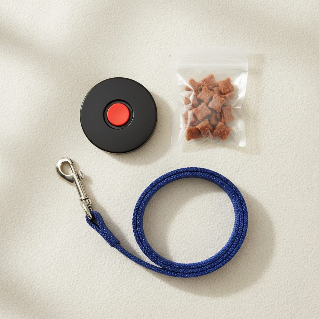 A flat lay image showing a clicker, a small bag of high-value dog treats, and a