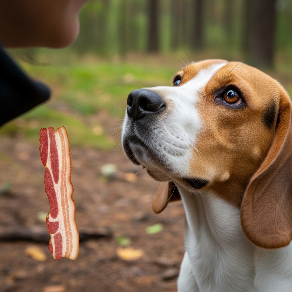 A close-up shot of a beagle looking intently at its owner's face, deliberately ignoring a piece of bacon on the forest floor nearby. The dog's expression is one of focus and anticipation for a reward from its owner.