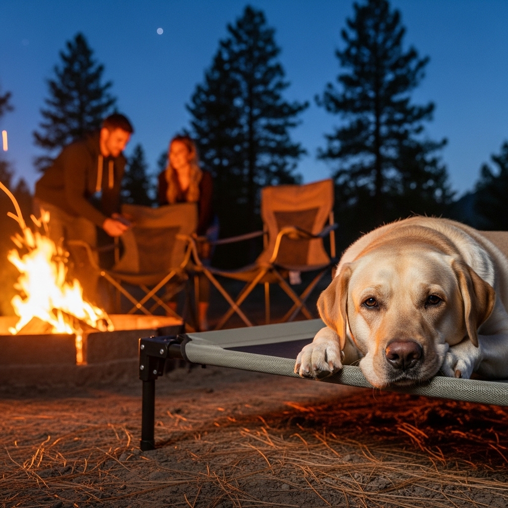 A calm Labrador retriever lying on a portable outdoor dog bed next to a campfire. The dog's owners are in the background, setting up camping chairs, and the dog is relaxed and not interfering.