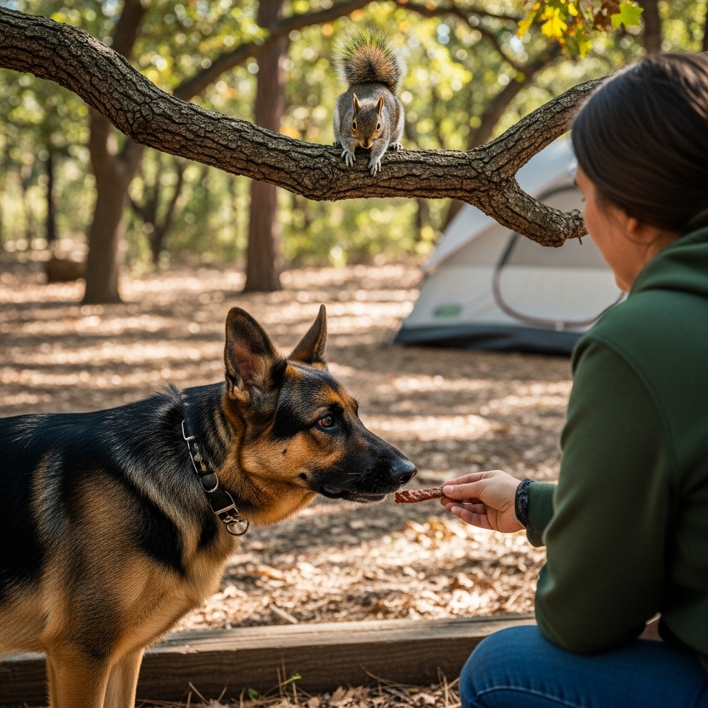 An owner gently holding a treat in front of their German Shepherd's nose to stop it from barking at a squirrel in a tree at the edge of a campsite. The dog's focus is shifting from the squirrel to the owner.