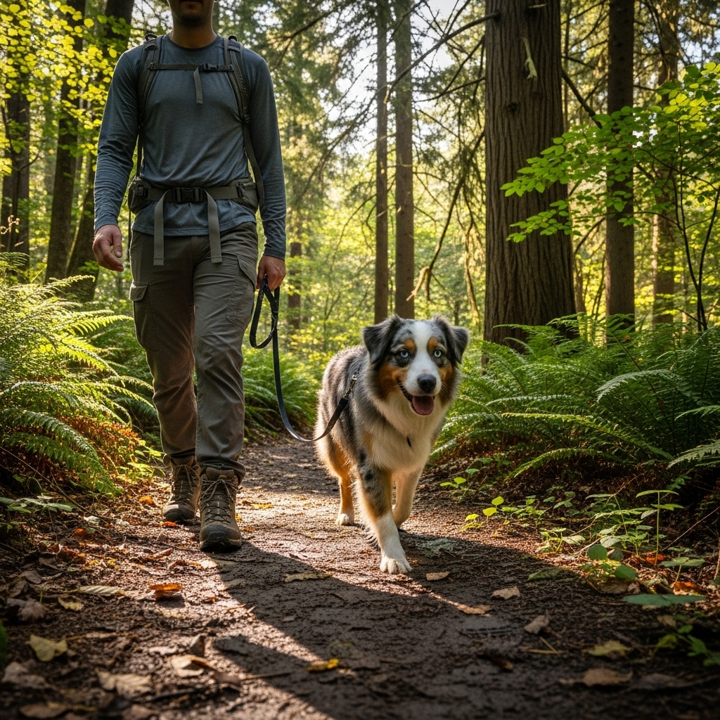 A person and their Australian Shepherd hiking on a well-defined dirt trail through a forest. The dog is walking on a loose leash, right next to the person's leg, looking ahead calmly.