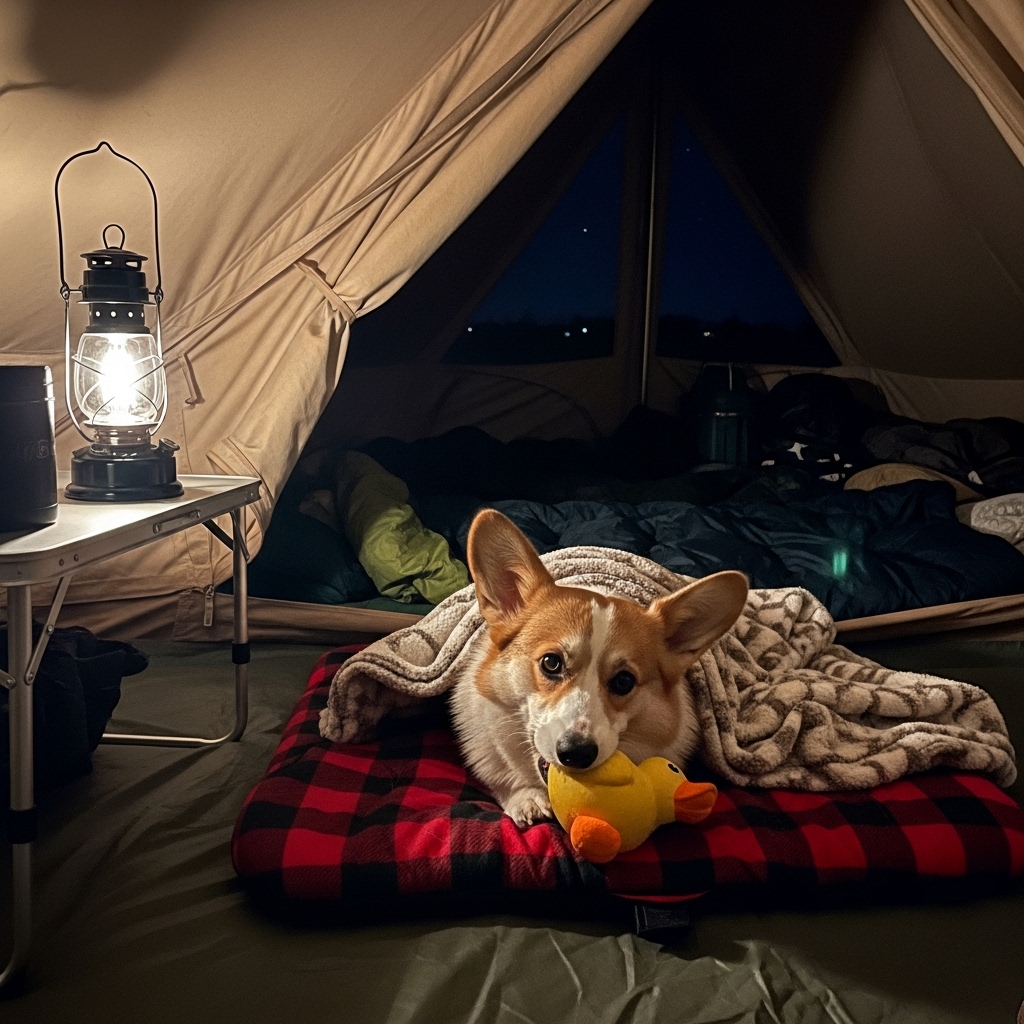 A cozy scene inside a camping tent at night, illuminated by a lantern. A happy Corgi is curled up on a small dog sleeping bag, chewing on a favorite toy, looking completely at ease.