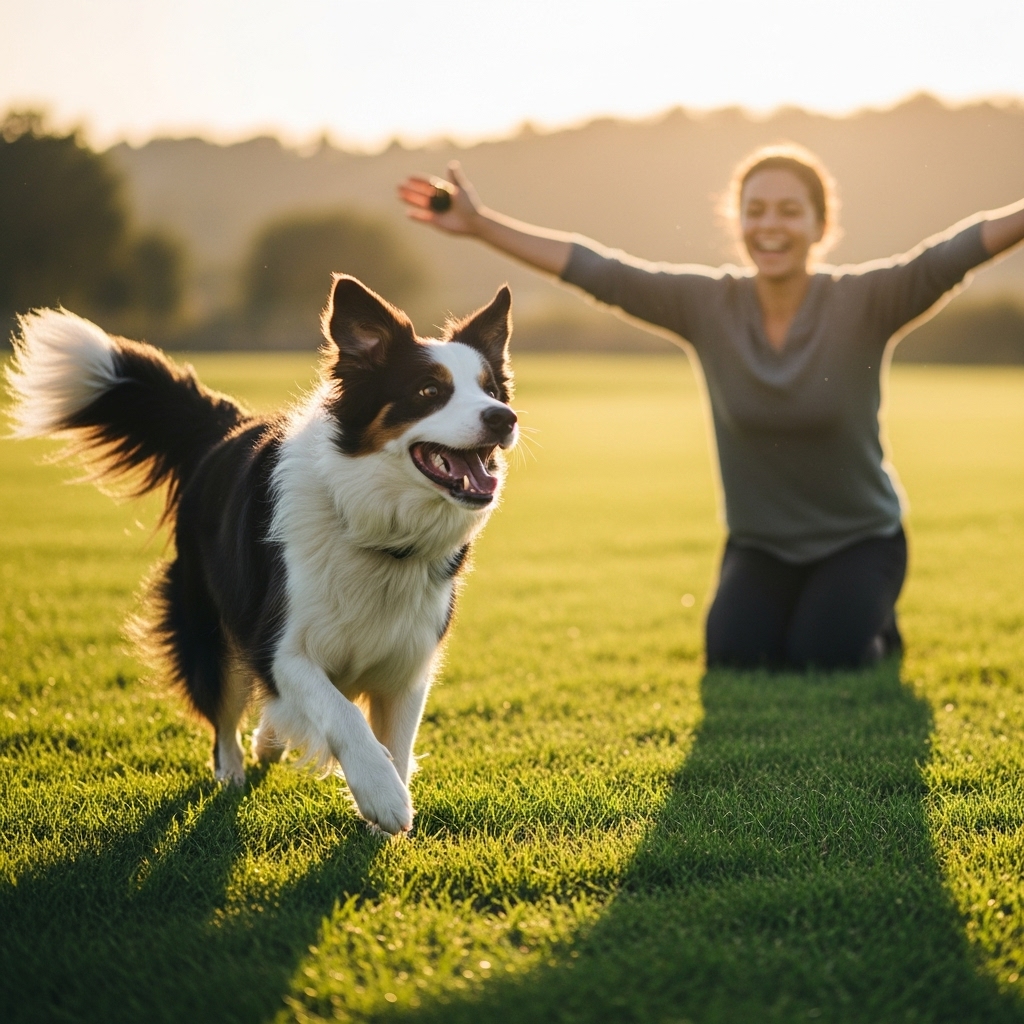 A happy border collie with ears perked, mid-stride, running enthusiastically across a grassy field towards its owner who is kneeling with open arms and a treat. The scene is bright and sunny, conveying positive reinforcement.