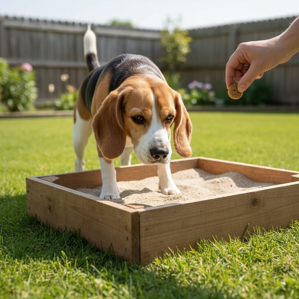 A curious beagle cautiously sniffing a small, shallow wooden box filled with clean sand in a green backyard. A human hand is about to drop a small treat into the sand for the dog to find.