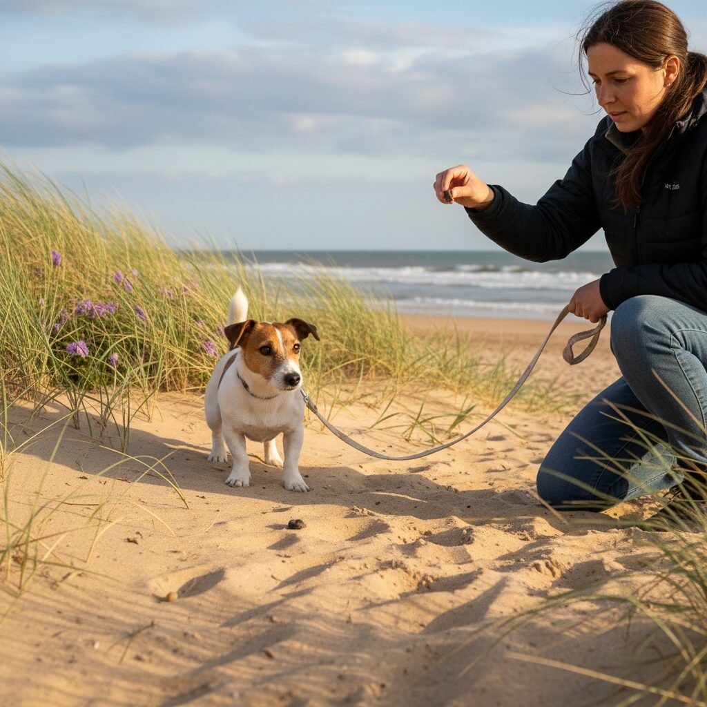 A dog owner and their slightly hesitant Jack Russell Terrier on a long leash, standing at the edge of a grassy area where it meets the beach sand. The owner is calmly tossing a treat onto the sand just a foot away from the dog.