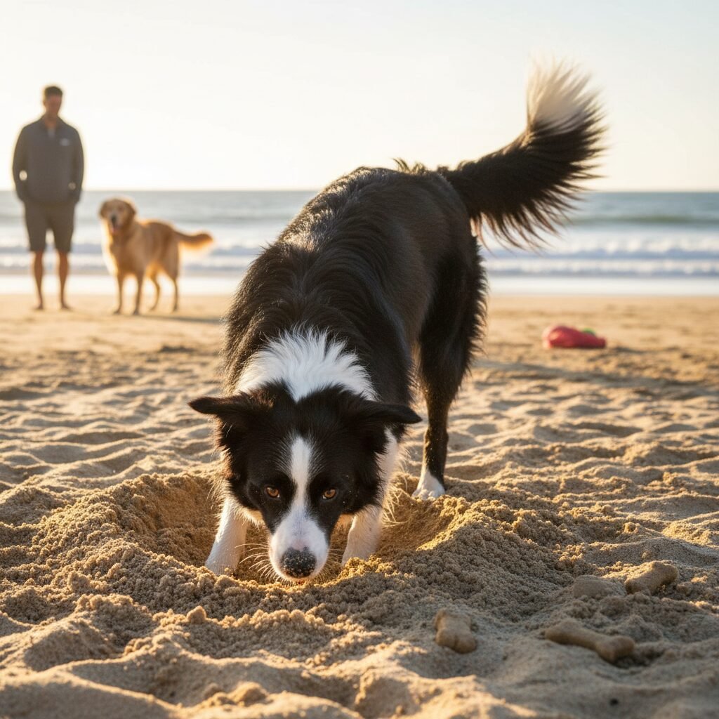 A happy Border Collie digging its nose into the sand, actively searching for treats during a 'Find It' game on the beach. The sun is shining, and the dog looks engaged and happy.