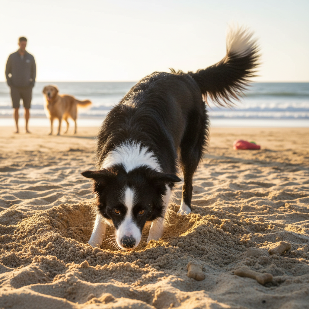 A happy Border Collie digging its nose into the sand, actively searching for treats during a 'Find It' game on the beach. The sun is shining, and the dog looks engaged and happy.