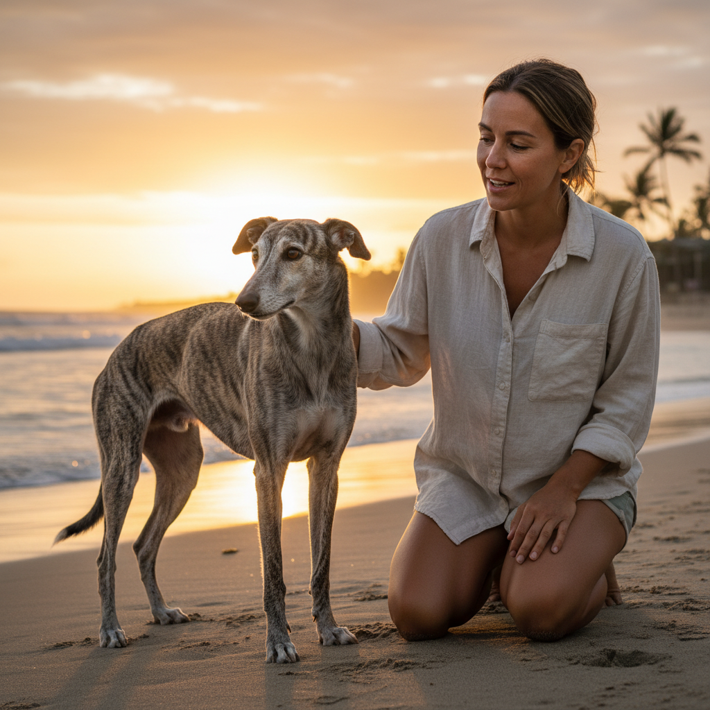 A compassionate dog owner kneeling down to their dog's level on the beach. The dog, a timid greyhound mix, is looking uncertain. The owner is offering a comforting pat and speaking calmly, showing patience and understanding.