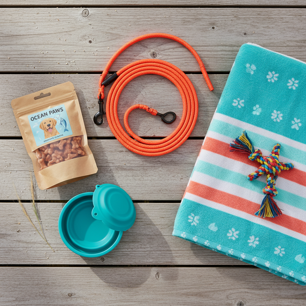 A flat-lay shot on a wooden deck of essential dog beach gear: a vibrant long-line leash, a bag of gourmet dog treats, a collapsible water bowl, a colorful fetch toy, and a folded beach towel.