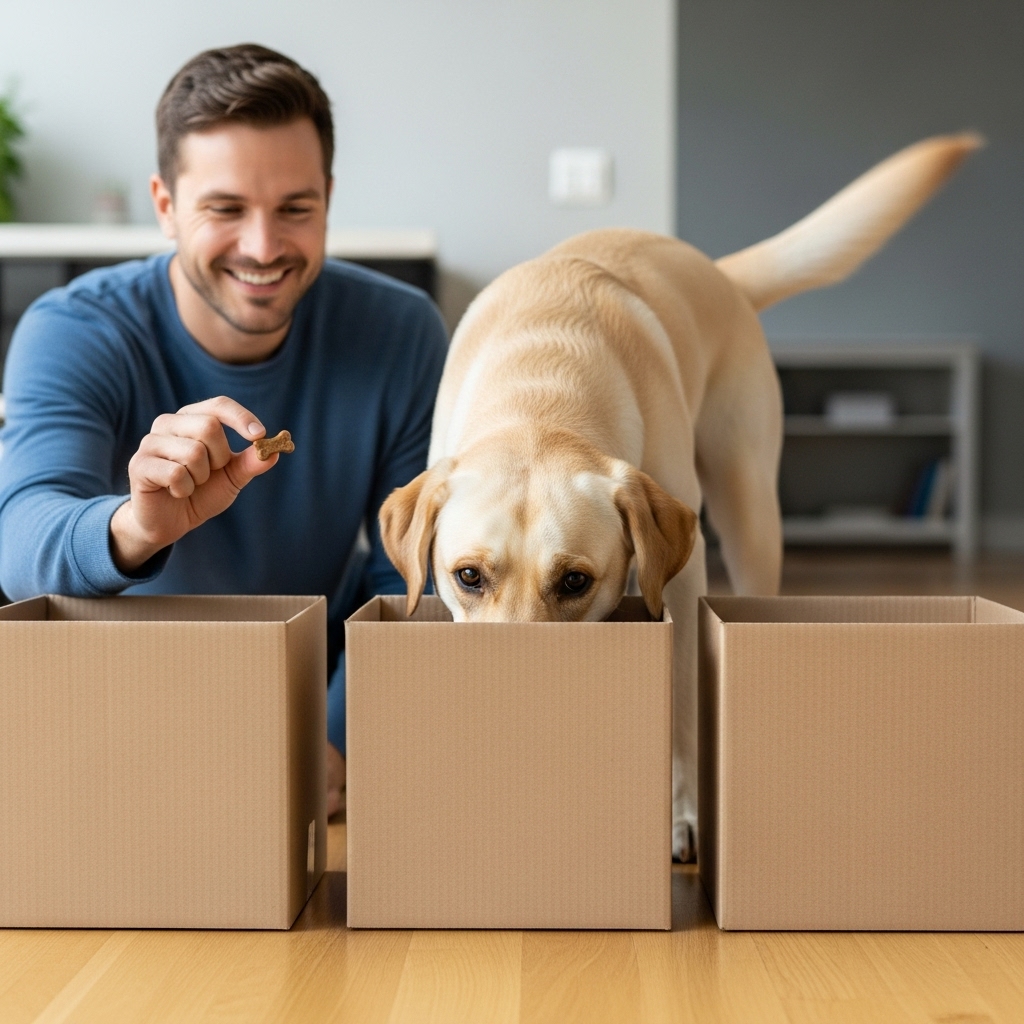 A friendly Labrador Retriever with its nose buried in one of three identical cardboard boxes lined up on the floor. The owner is smiling and about to give the dog a treat, celebrating the successful find.