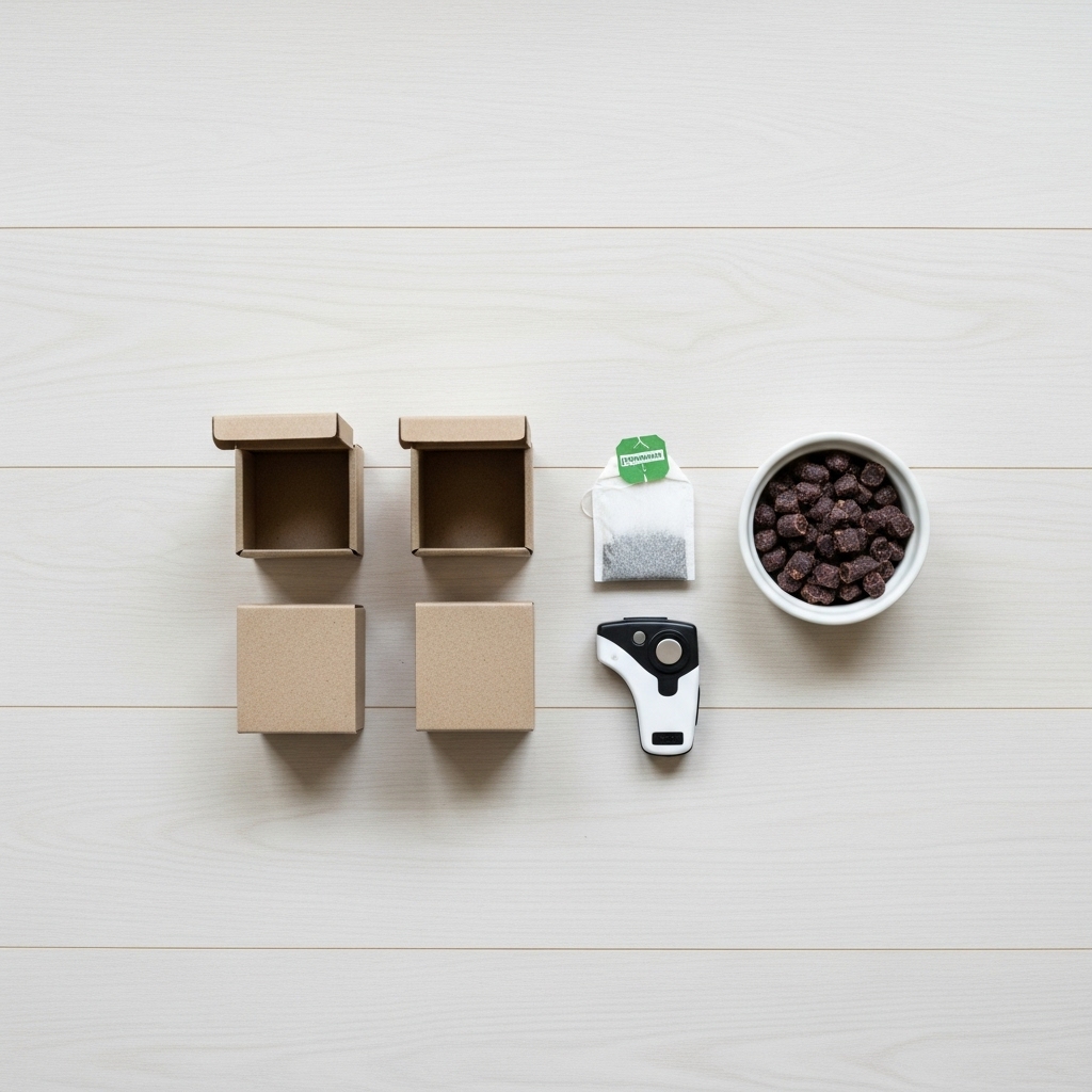 A top-down, flat-lay photograph of a scent work starter kit on a clean wooden floor: three identical small cardboard boxes, a single peppermint tea bag, a small bowl of high-value dog treats, and a clicker.