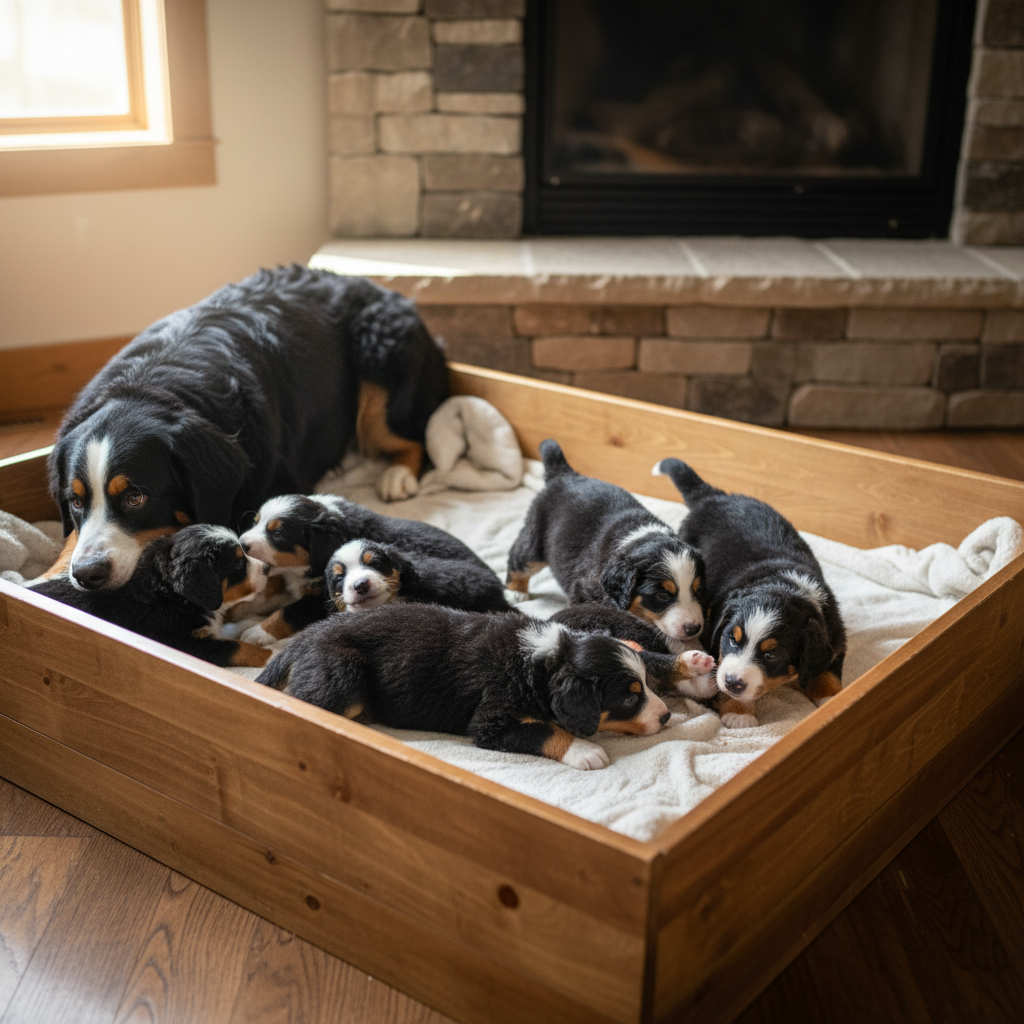 A heartwarming scene of a litter of fluffy Bernese Mountain Dog puppies playfully tumbling and nipping at each other in a clean, cozy whelping box, with their mother dog watching over them calmly.