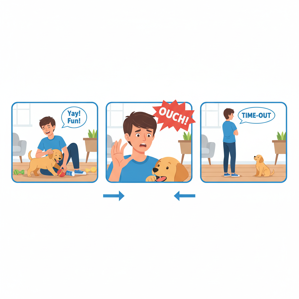 A clear, step-by-step infographic style image. Panel 1 shows a person happily playing with a puppy. Panel 2 shows the person's face with an 'Ouch!' speech bubble as the puppy nips. Panel 3 shows the person standing up and turning their back on the puppy for a 'time-out'.