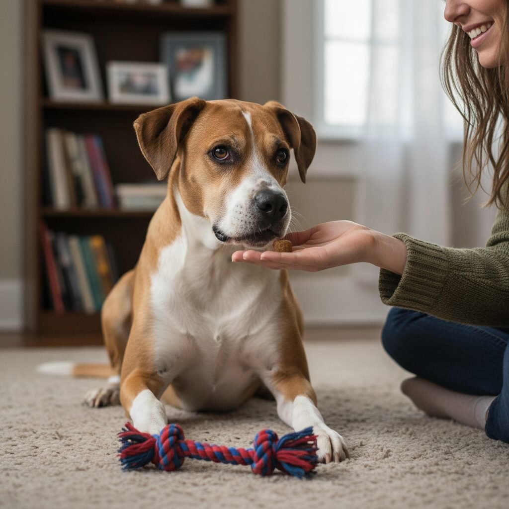 A friendly-looking adult rescue dog, like a Boxer mix, is sitting politely and has just dropped a rope toy from its mouth to gently take a high-value treat from its owner's outstretched hand.