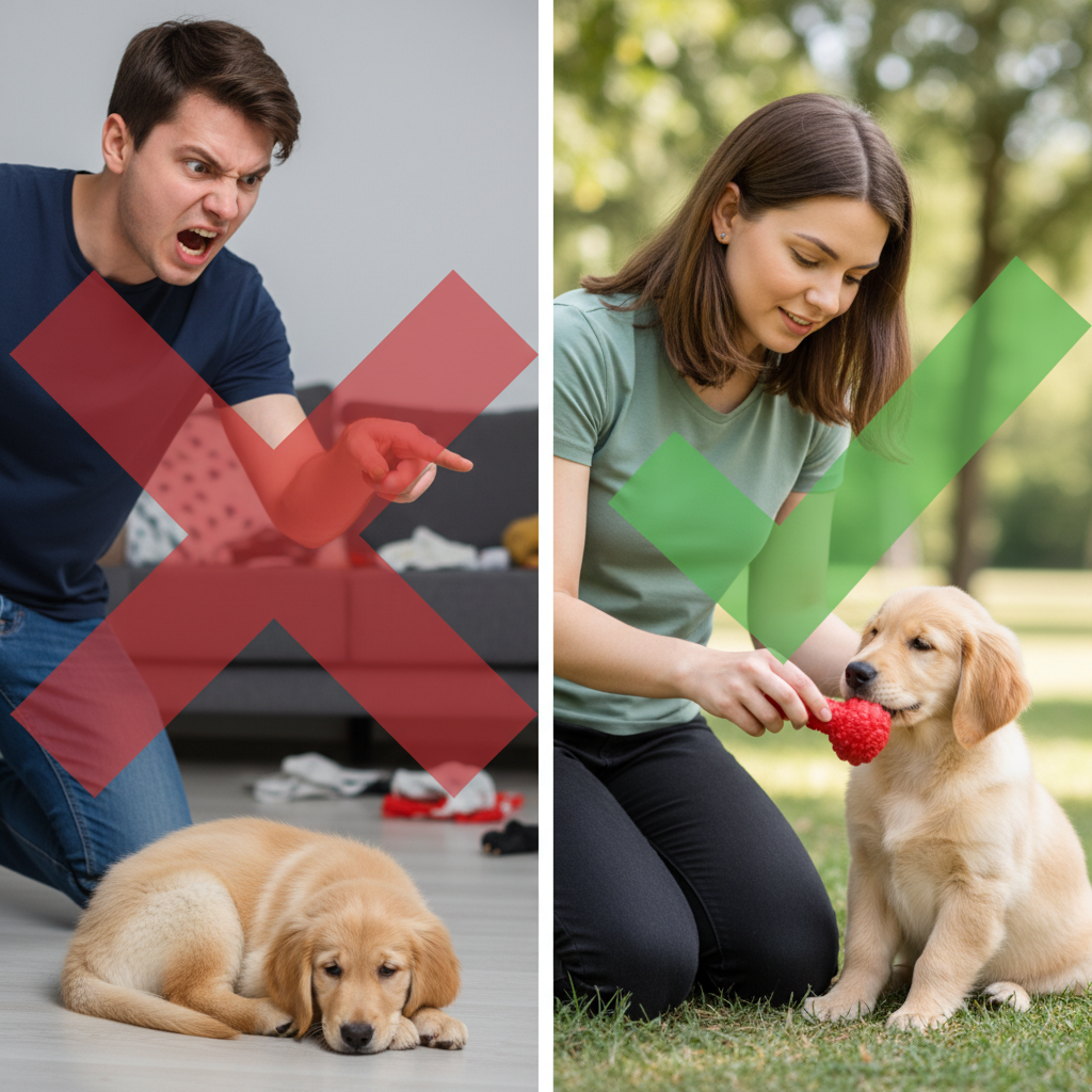 A split image. On the left side, with a red 'X' over it, a person is angrily pointing a finger at a cowering puppy. On the right side, with a green checkmark, a person is calmly redirecting the same puppy from their hand to a chew toy.