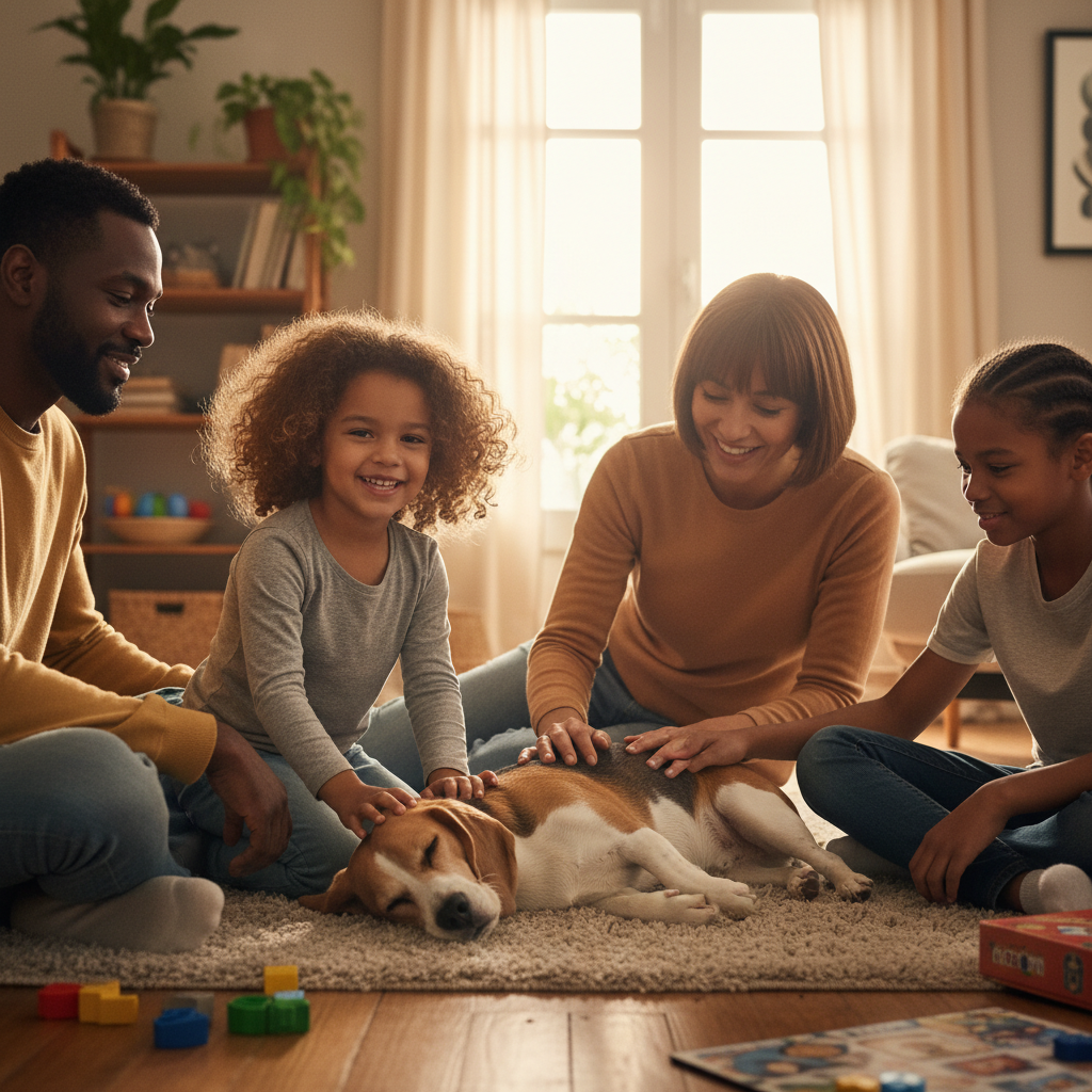 A happy, diverse family including a young child is gathered on a living room floor, all gently petting a calm and relaxed Beagle who is enjoying the attention safely.