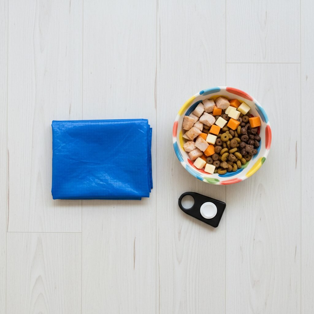 A bright and clean flat-lay photo on a light wood floor. It features the essential tools: a small, neatly folded blue tarp, a colorful bowl filled with high-value dog treats like small pieces of chicken and cheese, and a training clicker next to it.