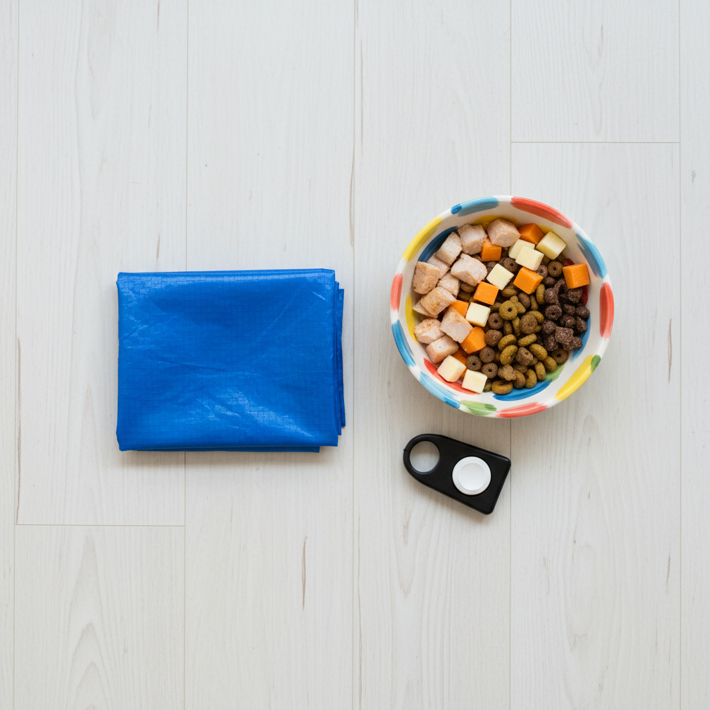A bright and clean flat-lay photo on a light wood floor. It features the essential tools: a small, neatly folded blue tarp, a colorful bowl filled with high-value dog treats like small pieces of chicken and cheese, and a training clicker next to it.