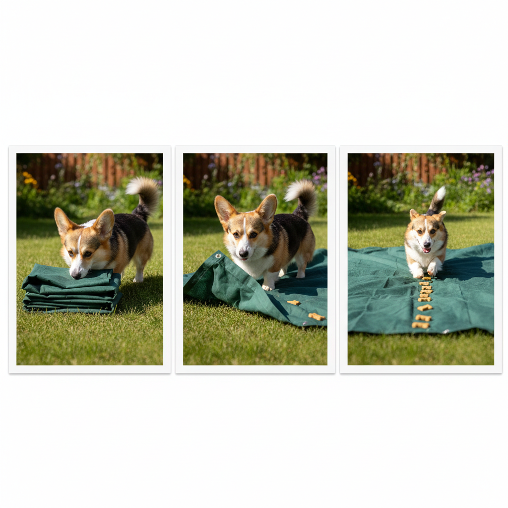 A sequence of three small images in one frame. 1: A Corgi sniffing a folded tarp. 2: The Corgi putting one paw on the partially unfolded tarp. 3: The Corgi happily trotting across the fully unfolded tarp following a trail of treats.