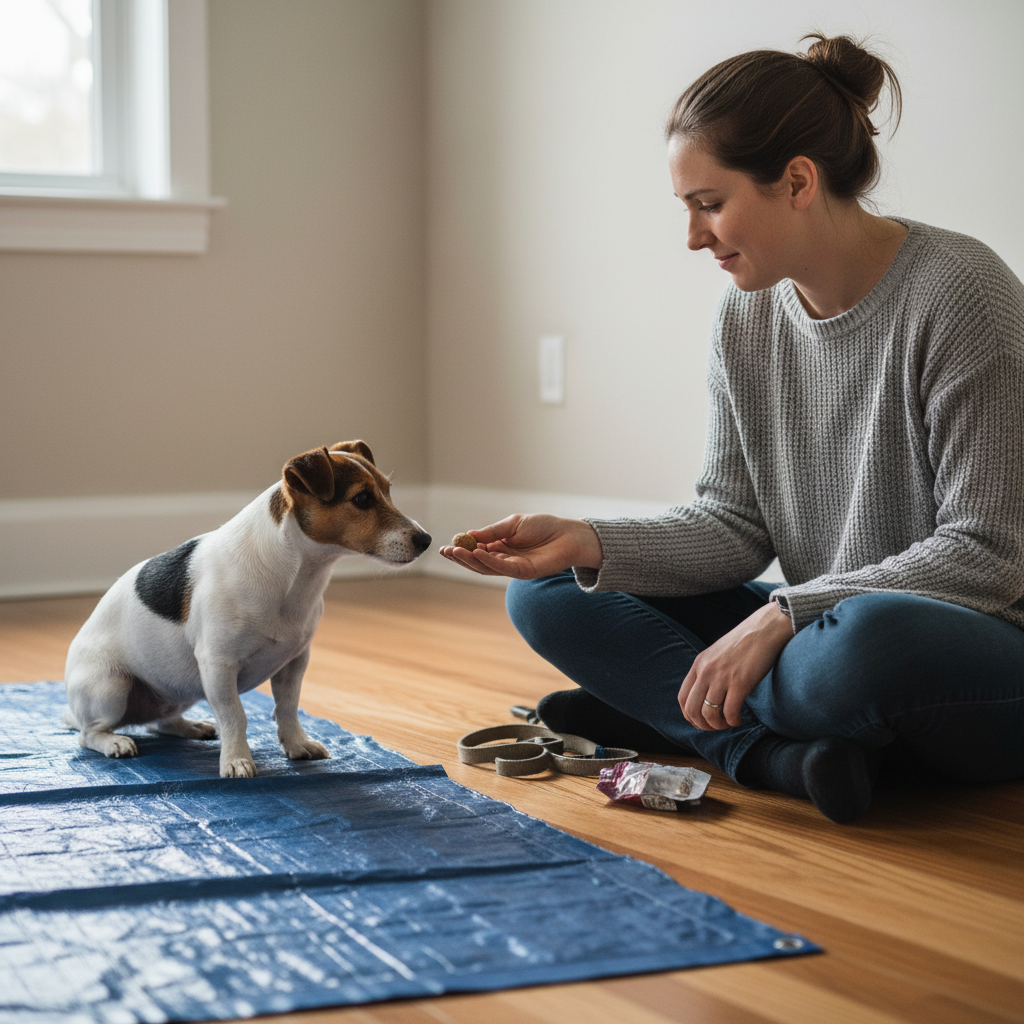 A compassionate photo showing a dog owner sitting patiently on the floor with their hesitant Jack Russell Terrier. The owner is not looking at the nearby tarp, but is calmly offering a treat to the dog, building trust and ignoring the scary object for a moment.