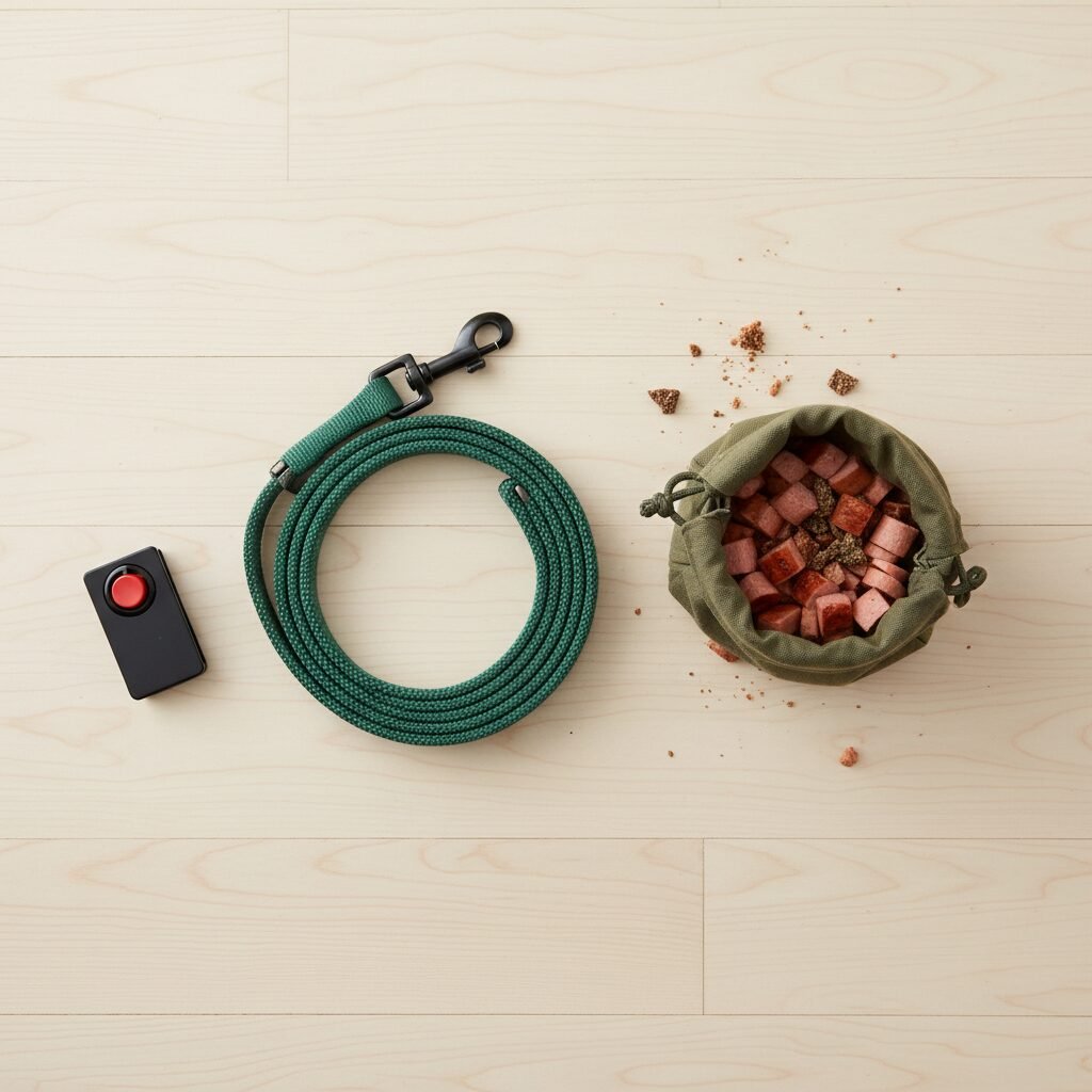 A flat lay on a clean wooden floor showing a simple nylon leash, a small pouch filled with high-value treats like chopped hot dogs, and a clicker. The items are arranged neatly, conveying a sense of preparation.