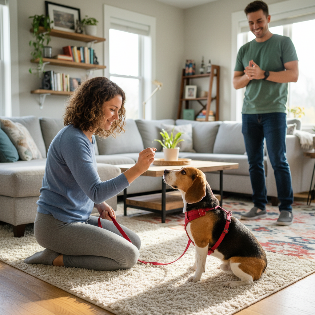 A woman and her beagle on a leash practicing in a living room. A friendly helper stands a few feet away. The beagle is sitting calmly, looking at the owner, who is holding a treat, demonstrating the dog's focus before the greeting.