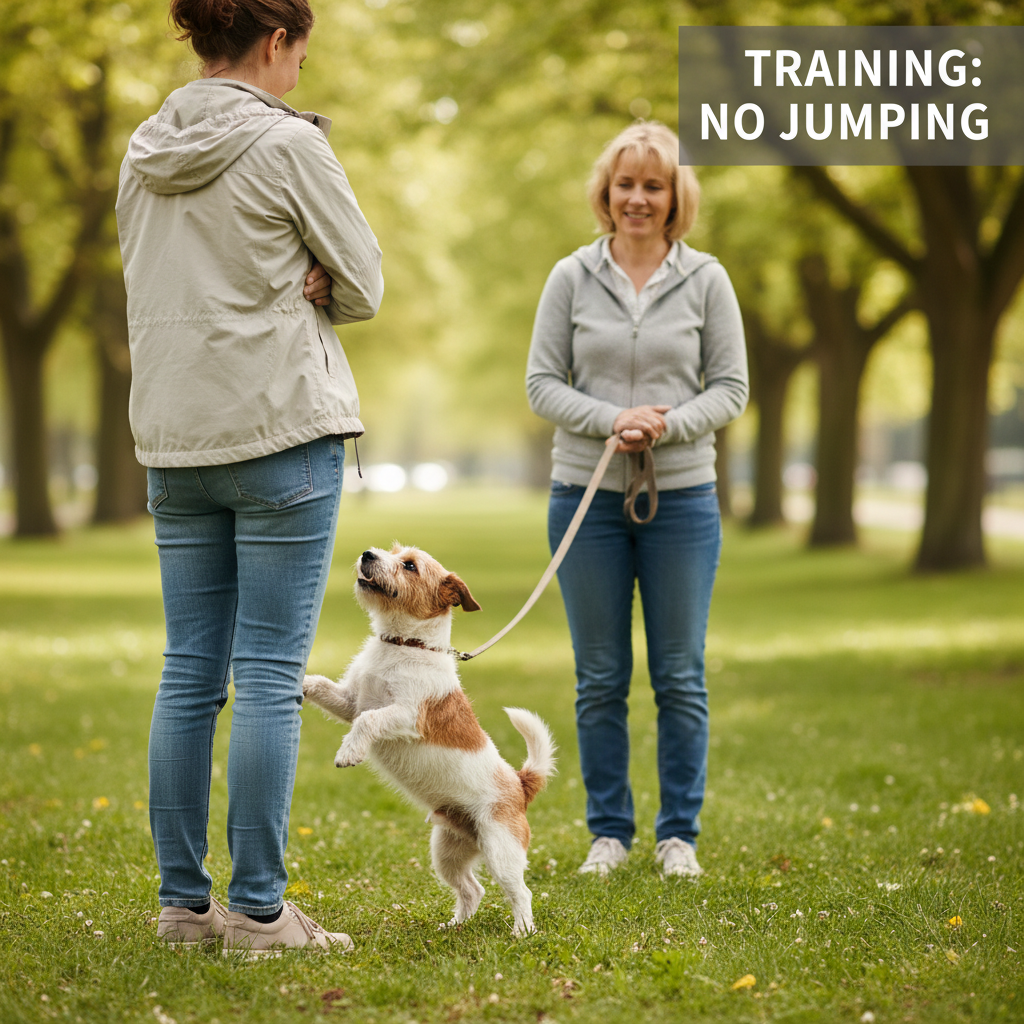 A person gently turning their back and crossing their arms as a small, excited terrier mix attempts to jump on their legs. The dog's owner is holding the leash and waiting patiently for the dog to calm down, illustrating the correct response to jumping.