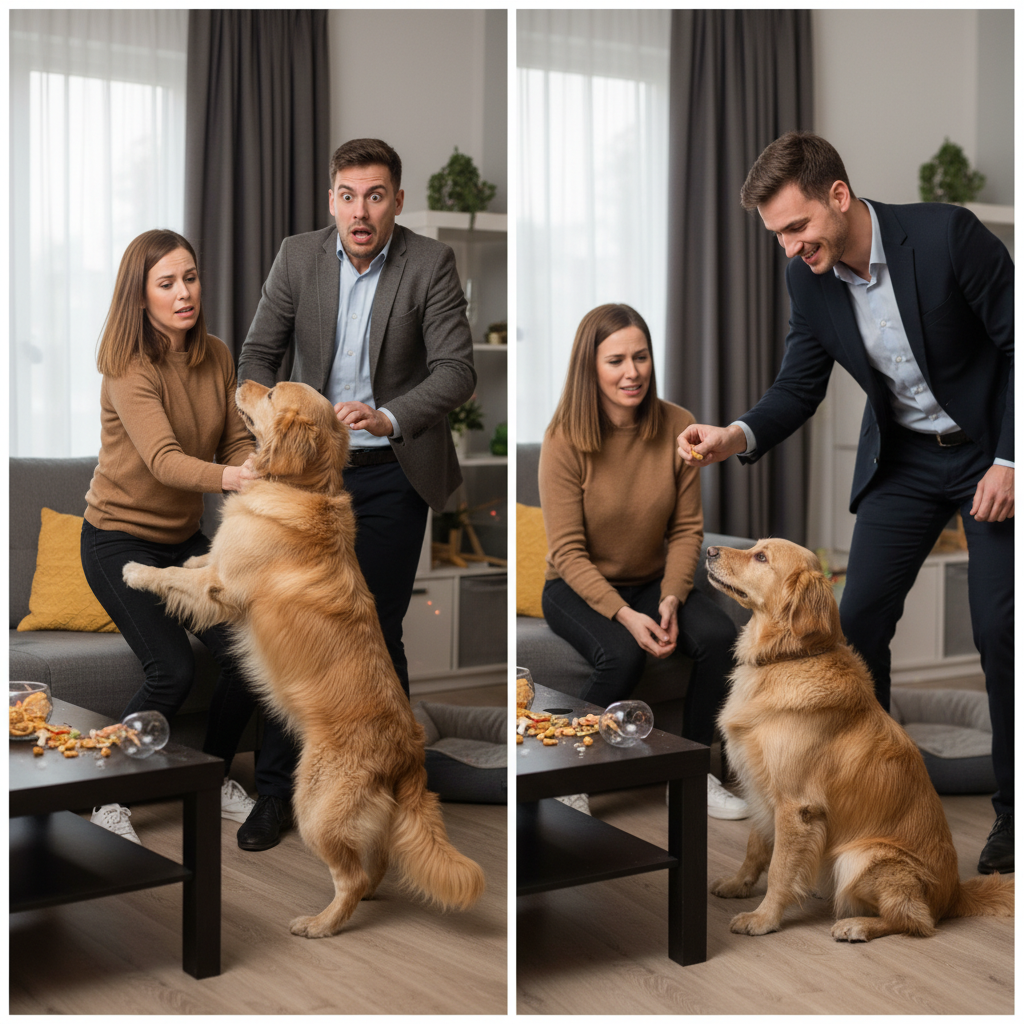 A split-screen image. On the left, a chaotic scene with a large dog jumping up on a nervous-looking guest. On the right, the same dog is sitting calmly at its owner's side, looking up expectantly at the same guest who is now smiling and relaxed.