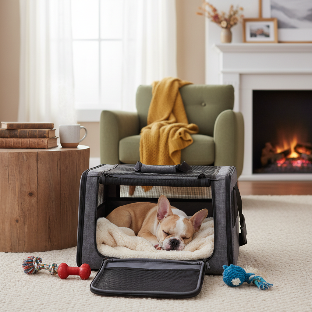 A cozy living room setting where a French Bulldog puppy is happily sleeping inside an open travel carrier. The carrier has a plush blanket inside and a few chew toys scattered nearby, making it look like a comfortable den.