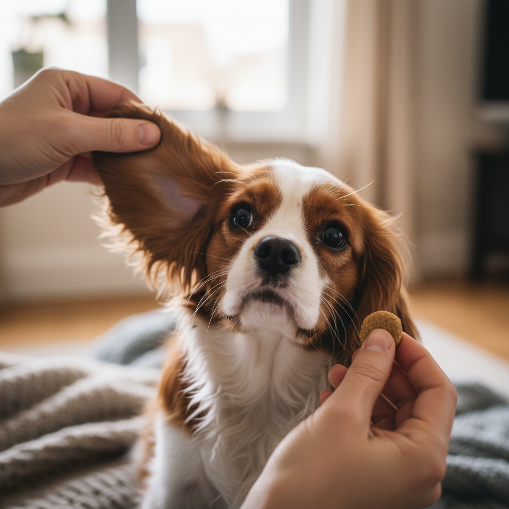A close-up, heartwarming shot of a person's hands gently lifting the floppy ear of a calm and trusting Cavalier King Charles Spaniel puppy. The puppy is looking at the owner with soft eyes, about to receive a treat.