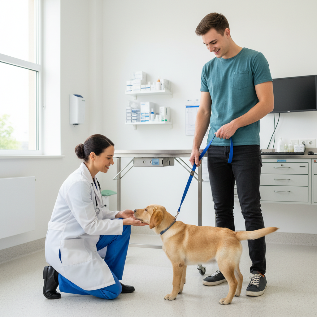 Inside a bright vet exam room, a veterinarian is on one knee, allowing a curious Labrador puppy to sniff her outstretched hand before starting the exam. The puppy's owner is standing nearby, smiling and holding a leash loosely, projecting a calm and positive energy.