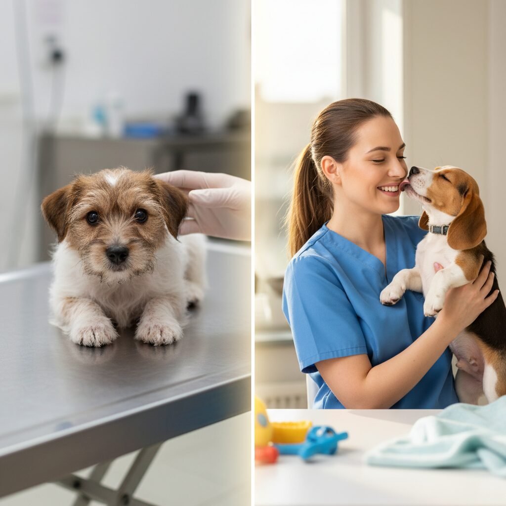 A split-screen image. On the left, a small, scared terrier mix puppy is cowering on a cold metal exam table. On the right, a happy, tail-wagging beagle puppy is gently licking the face of a smiling vet tech who is holding him.