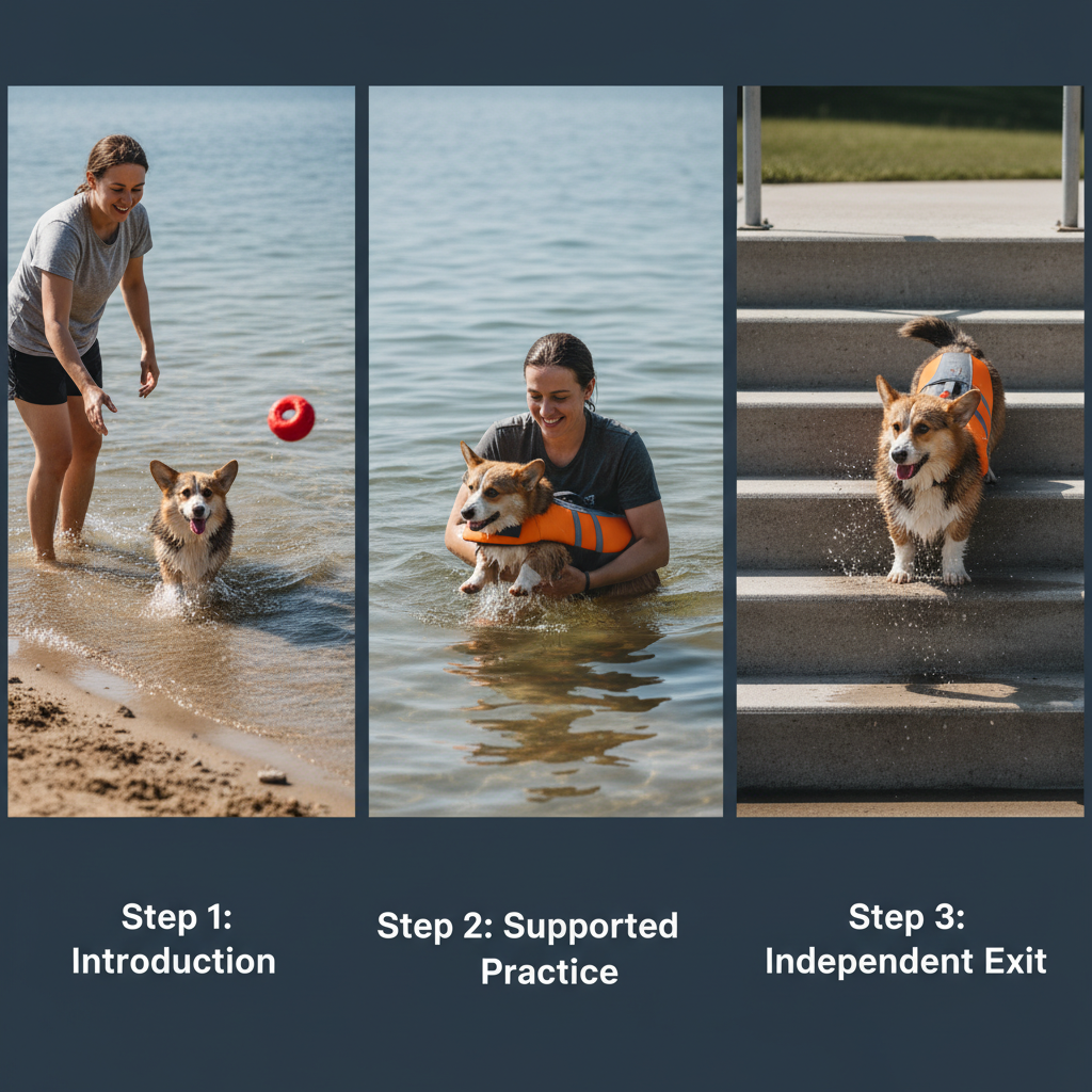 A collage of three images showing the training steps: 1) A person tossing a toy into the shallow edge of a lake for a Corgi. 2) The same person in the water, gently supporting the Corgi (wearing a life vest) as it paddles. 3) The Corgi confidently using a set of pool stairs to climb out.