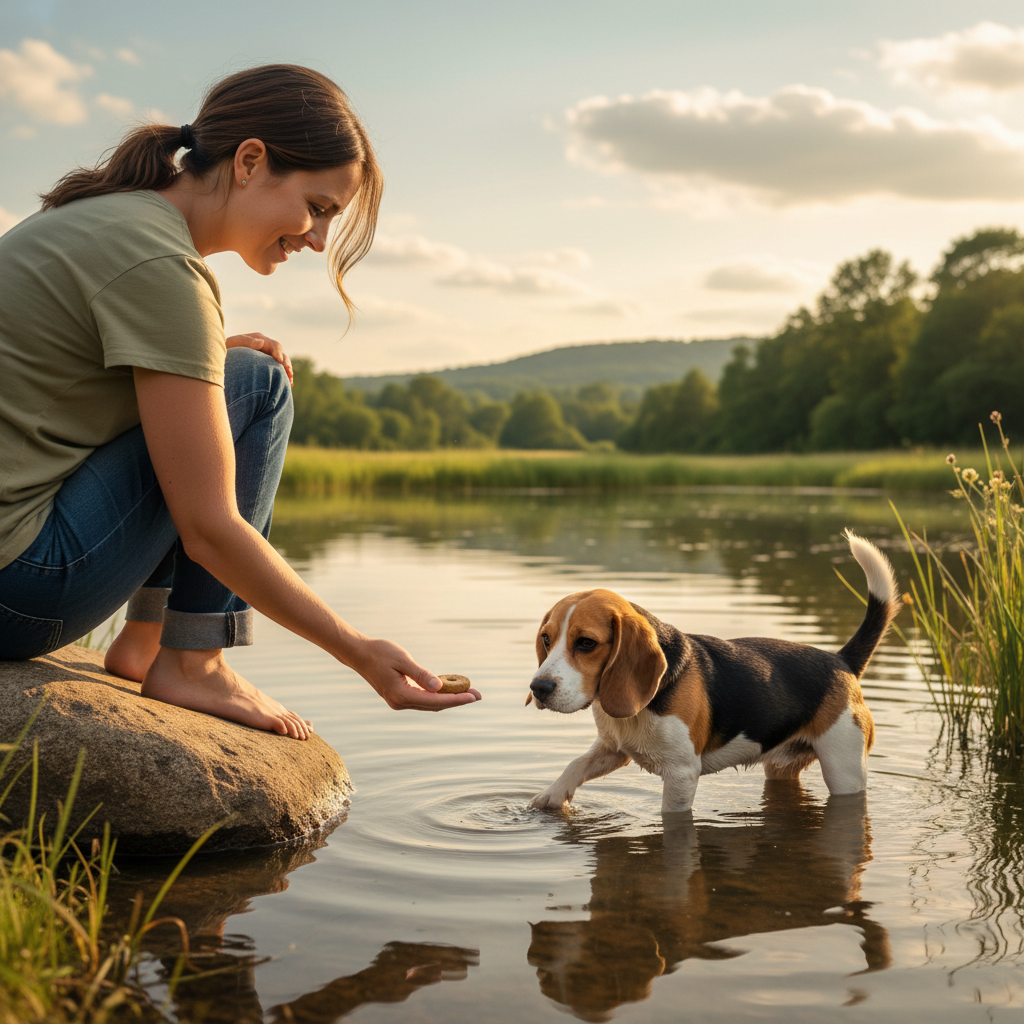 A compassionate dog owner patiently sitting at the edge of a calm pond, offering a treat to a hesitant Beagle who is only dipping its paws in the water, illustrating a gentle approach to overcoming fear.