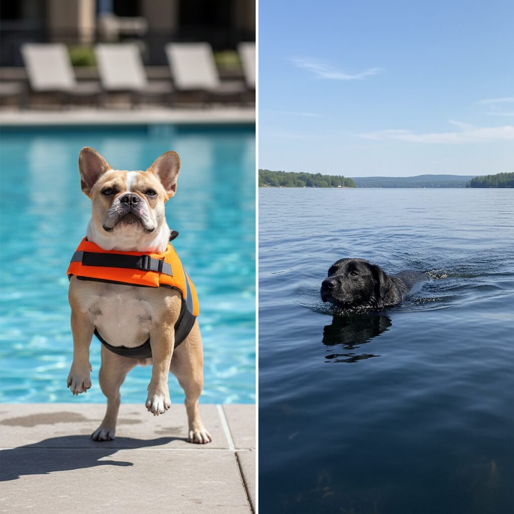 A side-by-side comparison shot: on the left, a French Bulldog wearing a perfectly fitted, brightly colored life vest looking confident near a pool; on the right, a sleek Labrador Retriever swimming effortlessly without a vest in a calm lake.