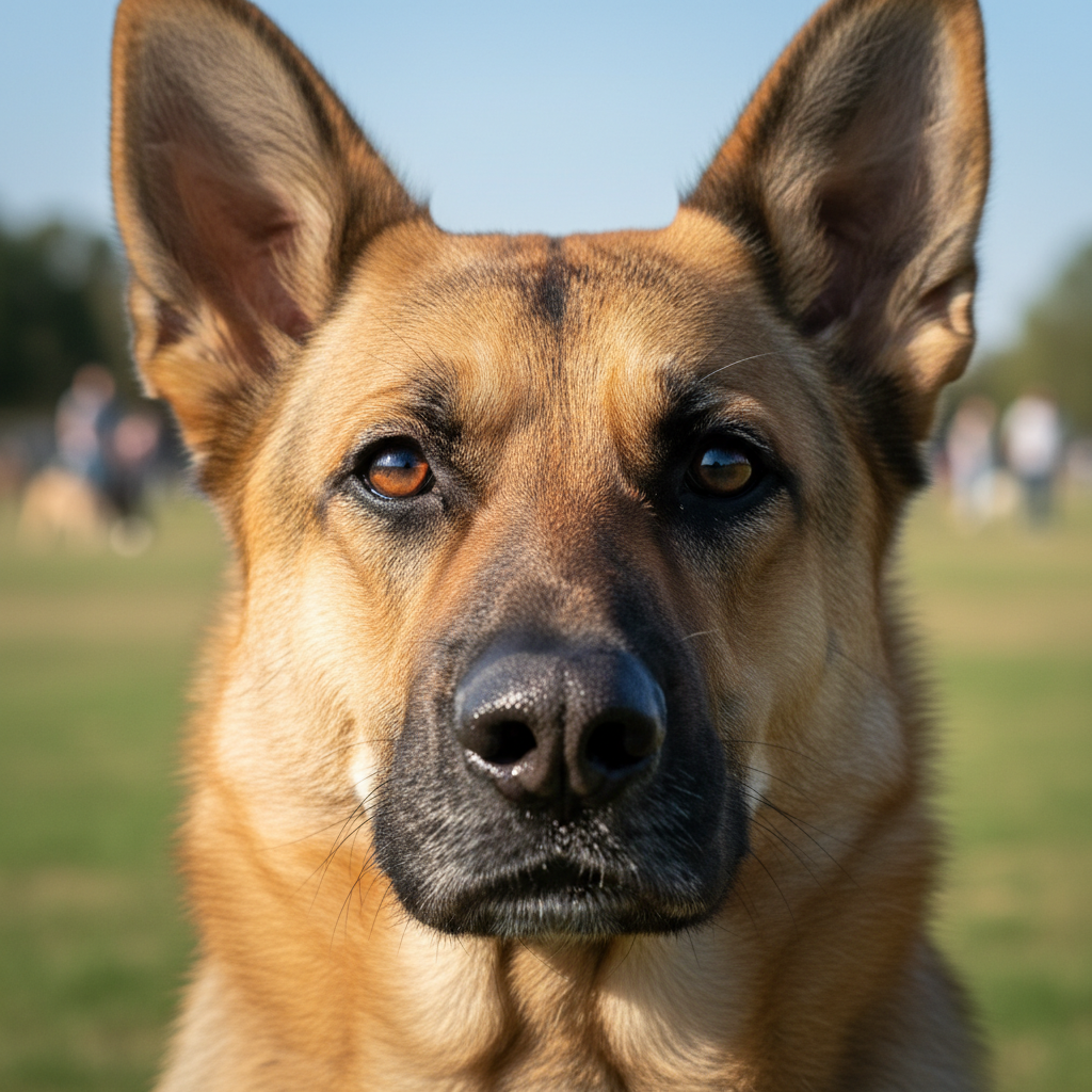 A dramatic close-up on a German Shepherd's face in a dog park setting. The dog's eyes are wide and fixated, the pupils dilated. Its mouth is closed and its brow is furrowed, conveying intense, unblinking focus on something just out of frame. The background is soft-focused to emphasize the dog's expression.