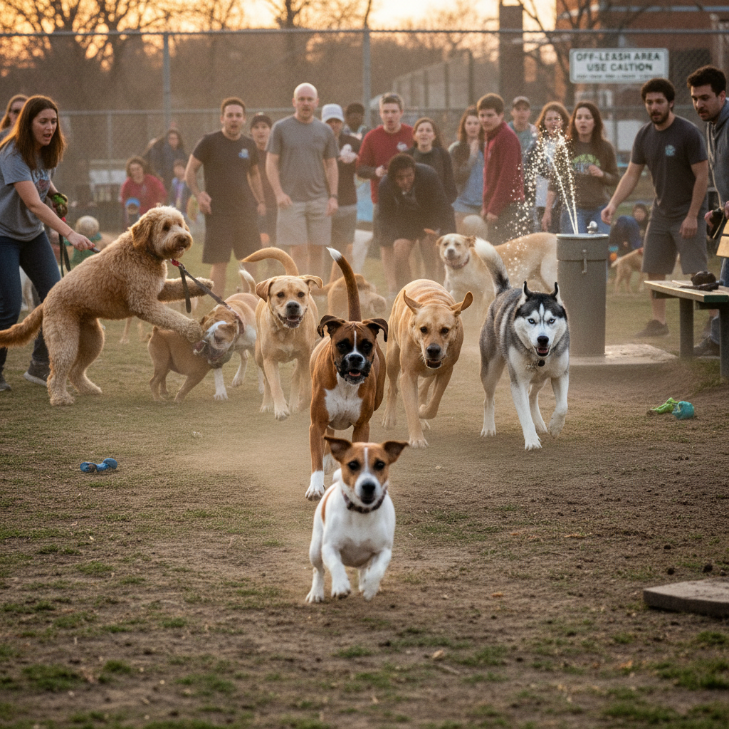 A chaotic scene at a crowded dog park. In the center, a pack of three large dogs (like a Boxer, a Labrador, and a Husky) are chasing a single, fast-moving Jack Russell Terrier. The terrier looks panicked, while the chasing dogs look overly excited and fixated, illustrating a dangerous pack chase scenario.