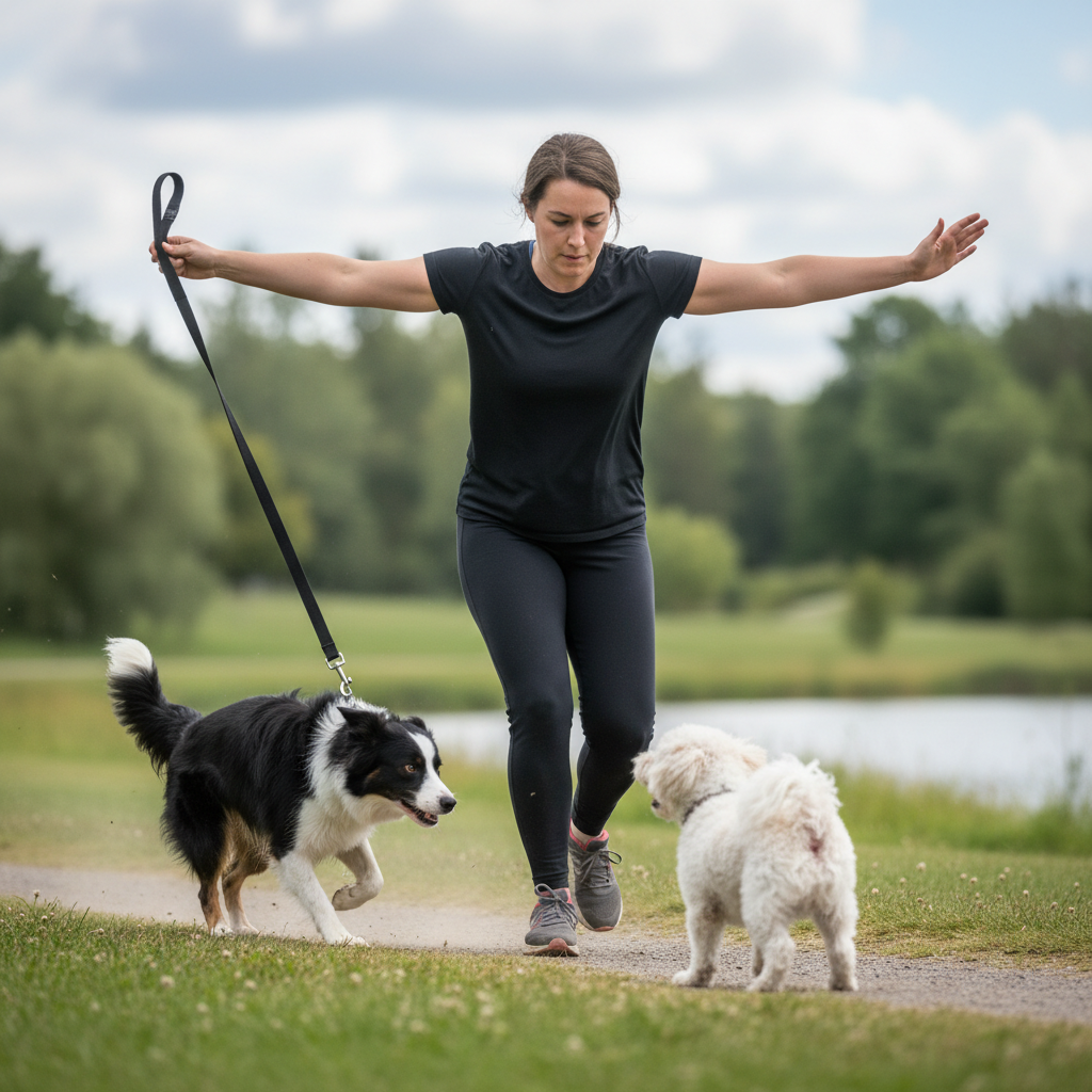 An action shot of a person calmly but decisively stepping into the path of their own running Border Collie, which was intensely focused on a smaller dog. The person has their arms out slightly, creating a human wall, and is holding a leash, ready to clip it on. Their expression is focused and in control.