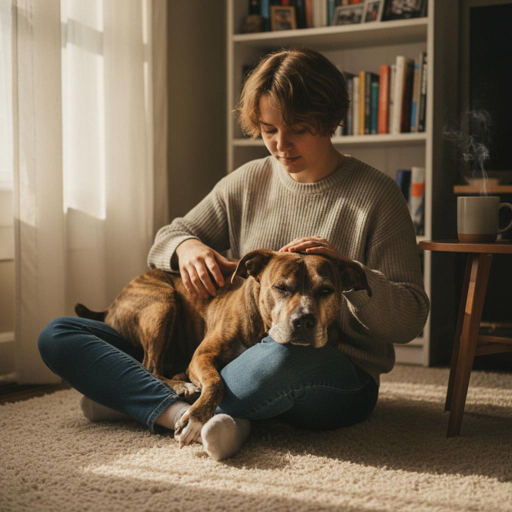 A quiet, heartwarming indoor scene. A person is sitting on the floor, gently stroking their pit bull mix, which is lying peacefully with its head in their lap. The lighting is soft and warm, emphasizing the strong, loving bond between the dog and its owner, completely separate from the high-stress park environment.