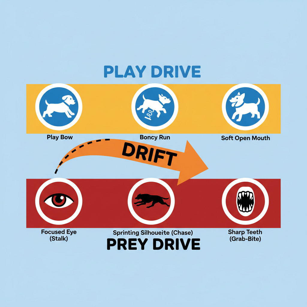 An infographic-style illustration showing two parallel paths. The top path is labeled 'Play Drive' and shows happy icons: a play bow, a bouncy run, a soft open mouth. The bottom path is labeled 'Prey Drive' with intense icons: a focused eye (stalk), a sprinting silhouette (chase), and sharp teeth (grab-bite). A large, dotted arrow labeled 'DRIFT' dramatically veers from the 'Play Drive' path down to the 'Prey Drive' path.
