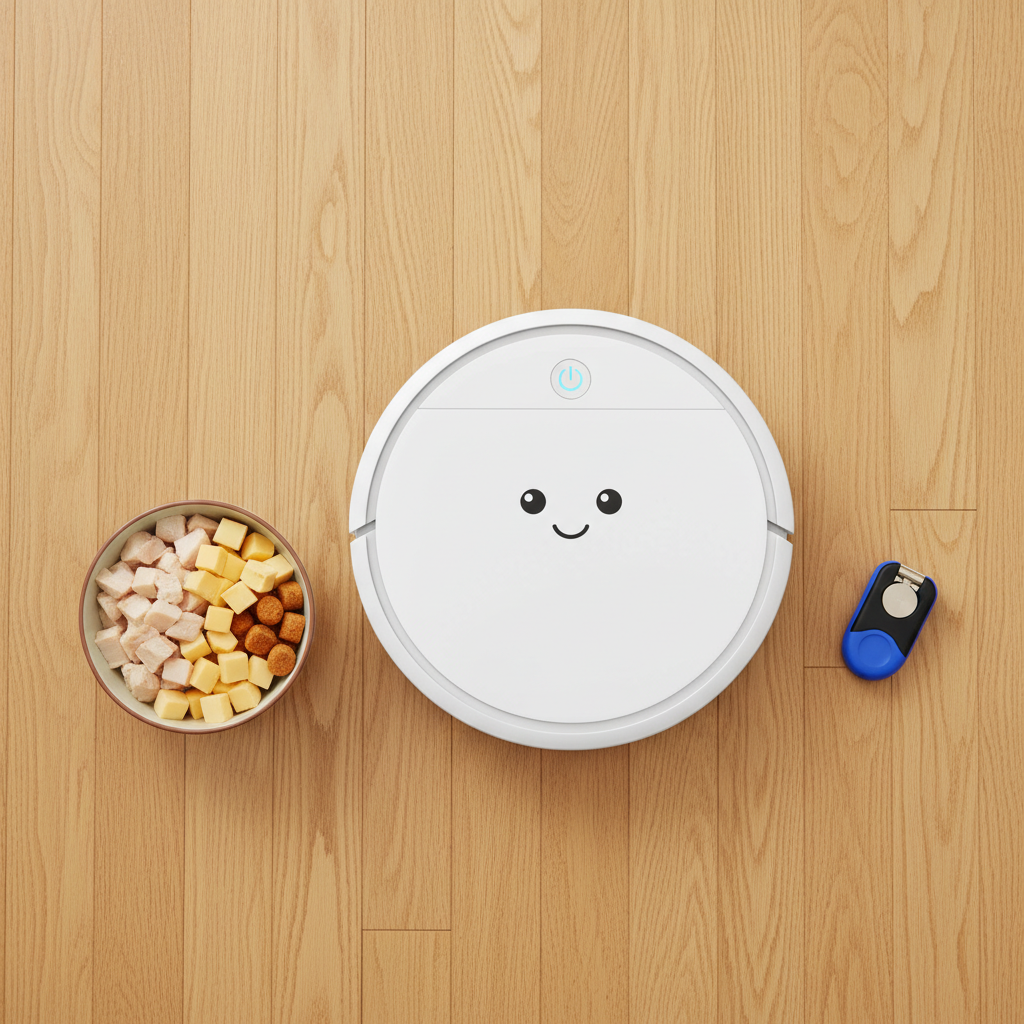 A bright, top-down flat lay on a clean floor. The image displays a friendly-looking robot vacuum, a small bowl filled with high-value dog treats like chopped chicken and cheese, and a clicker.