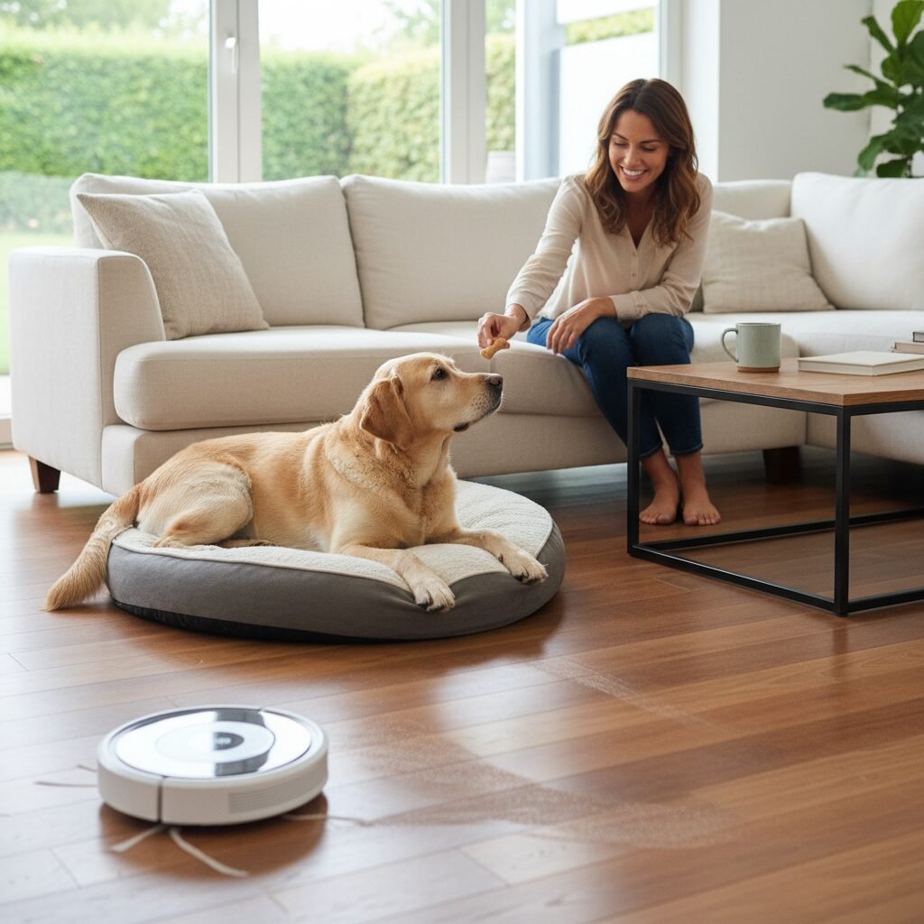A happy Labrador calmly lying on a dog bed while a robot vacuum cleans the living room floor a few feet away. The dog's owner is sitting on the couch, smiling and offering the dog a small treat for its calm behavior.