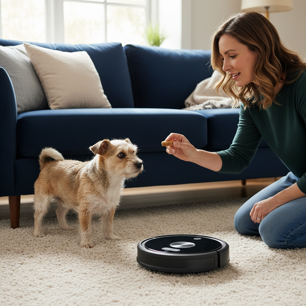 A compassionate pet owner sitting on the floor, patiently offering a treat to a small, timid terrier who is cautiously peeking at a robot vacuum from behind a sofa.